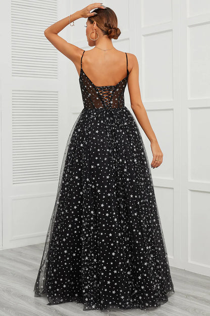 Star Sequins Sheer Bodice A-Line Long Prom Dress