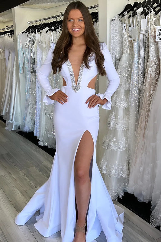 Plunge V Cutout Mermaid Long Formal Gown with Long Sleeves