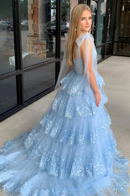 Tulle Appliques Tying Strap Ruffle Tiered Long Prom Dress