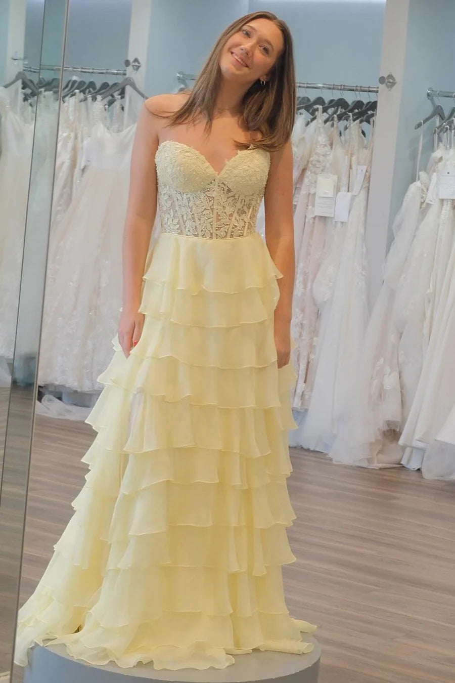 Chiffon Sweetheart Ruffle Tiered Long Prom Dress