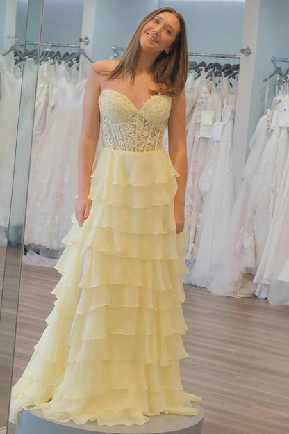 Chiffon Sweetheart Ruffle Tiered Long Prom Dress