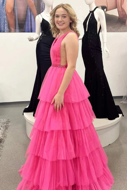 V-Neck Backless Belted Tiered A-Line Prom Dress