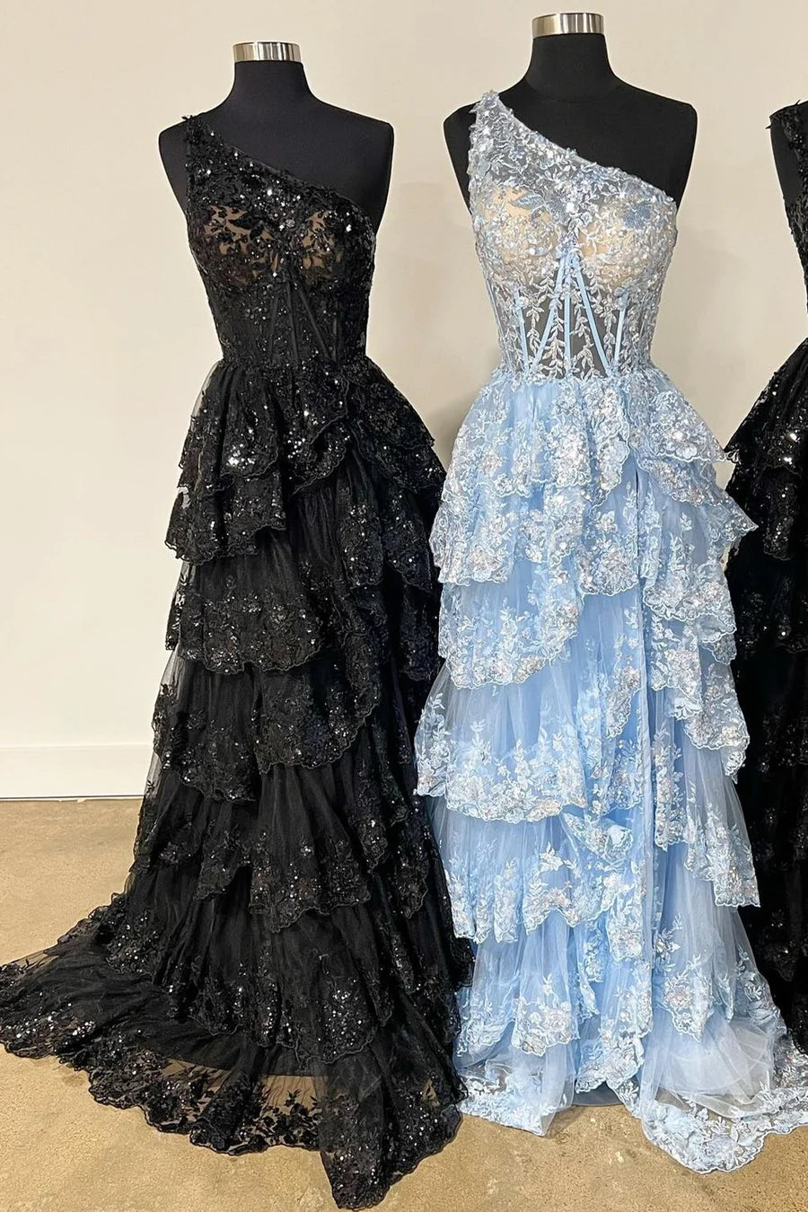 Tulle Sequin One-Shoulder Ruffle Long Prom Dress with Slit