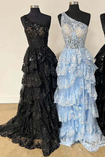 Tulle Sequin One-Shoulder Ruffle Long Prom Dress with Slit