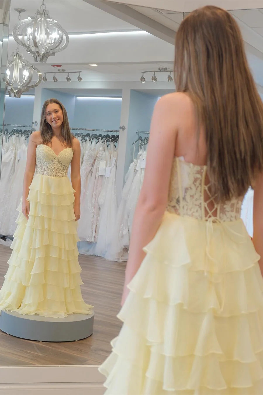 Chiffon Sweetheart Ruffle Tiered Long Prom Dress