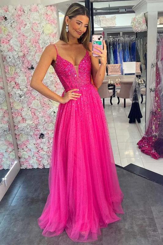 Tulle Beaded V-Neck A-Line Prom Dress