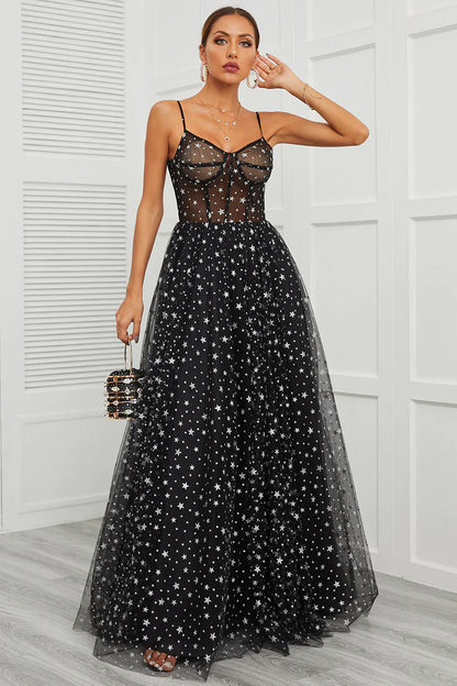 Star Sequins Sheer Bodice A-Line Long Prom Dress