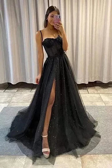 Floral Lace Straps A-Line Prom Dress with Slit