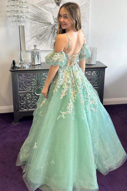 A-Line Appliques Plunge V Long Prom Dress with Detachable Sleeves