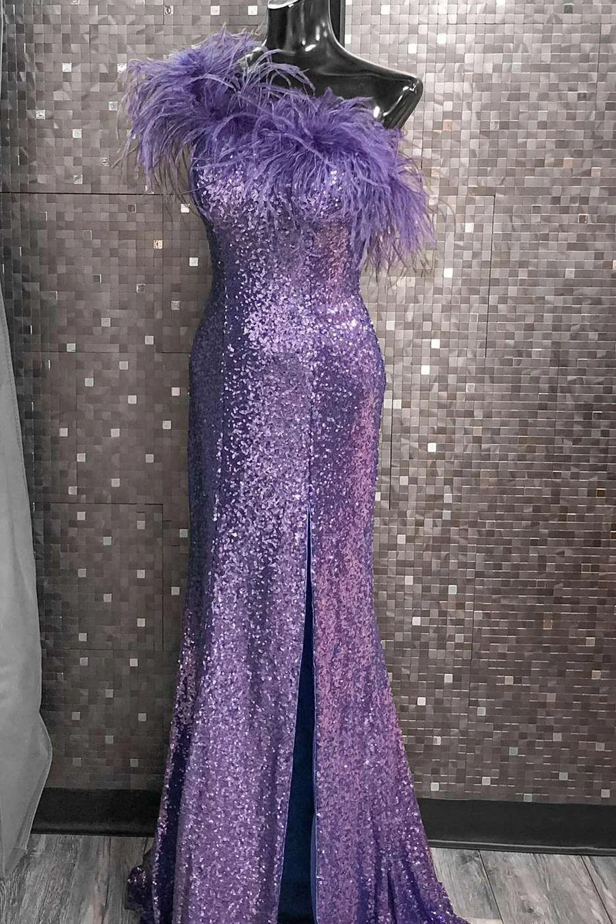 Sequin Feather One-Shoulder Prom Dress with Slit