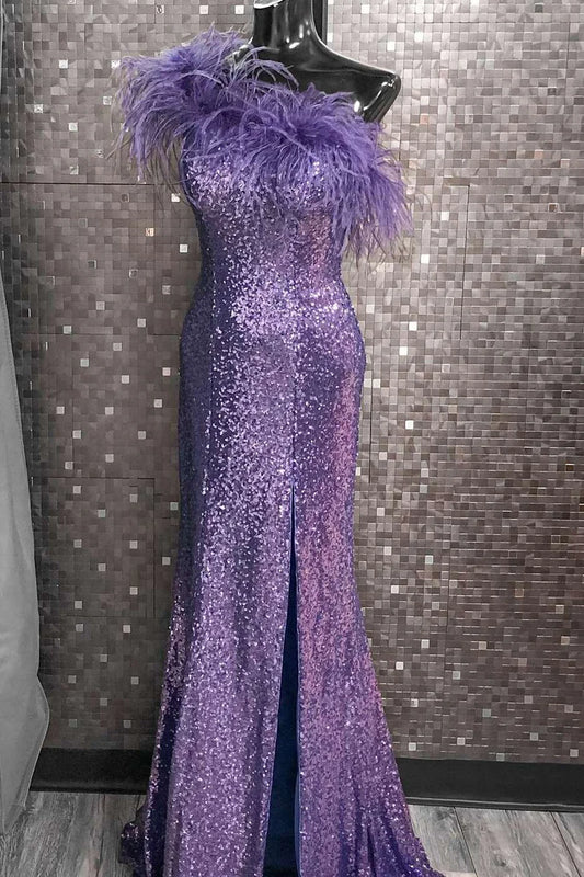 Sequin Feather One-Shoulder Prom Dress with Slit