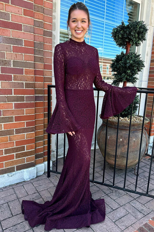 Lace High Collar Trumpet Long Formal Dress with Bell Sleeves