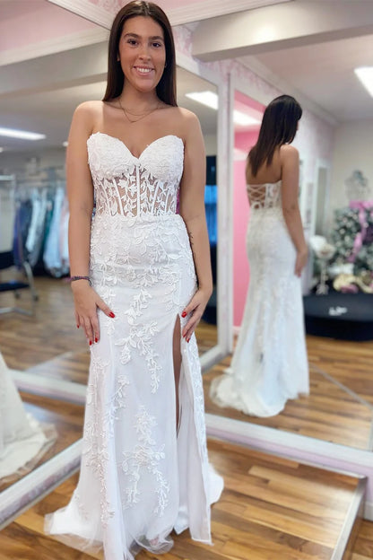 Floral Lace Strapless Mermaid Prom Dress with Slit