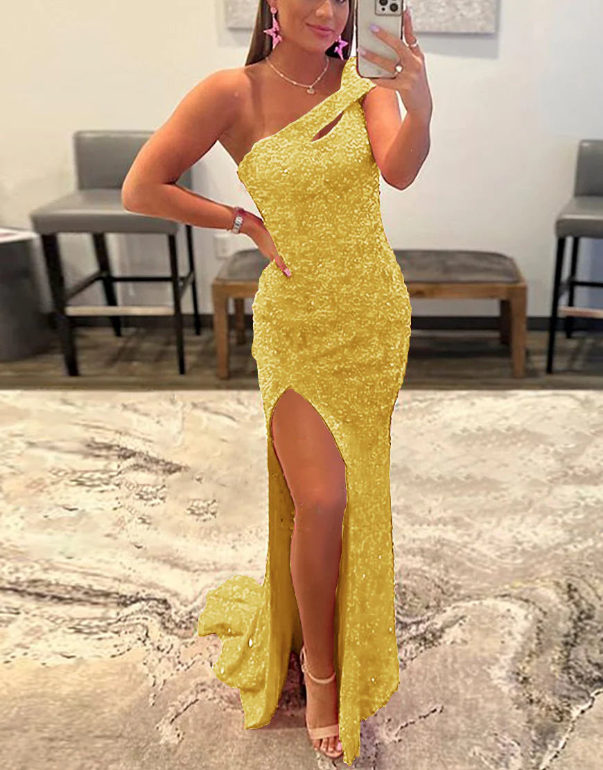 Mermaid One Shoulder Sequins Prom Dress With Slit