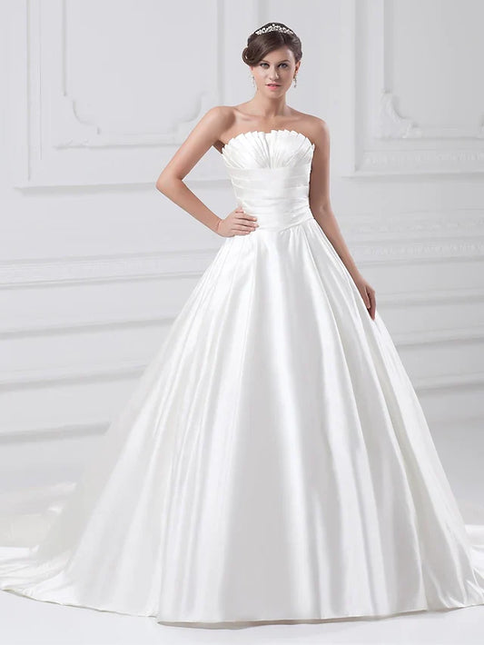 Ball Gown Wedding Dresses Strapless Court Train Satin Strapless Plus Size with Ruched Draping