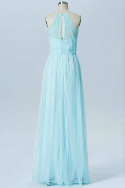 Light Blue Halter Sweetheart Tiered Bridesmaid Dress with Back Cutout