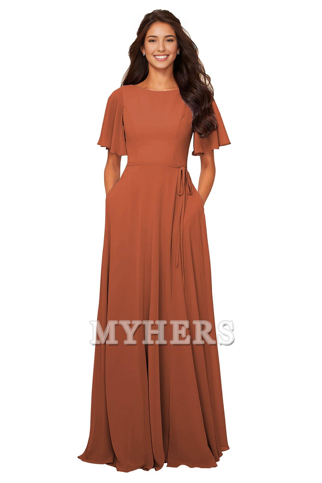Chiffon Modest A Line Bateau Neck Flutter Sleeve Elegant Bridesmaid Dresses Wedding Guests Dresses