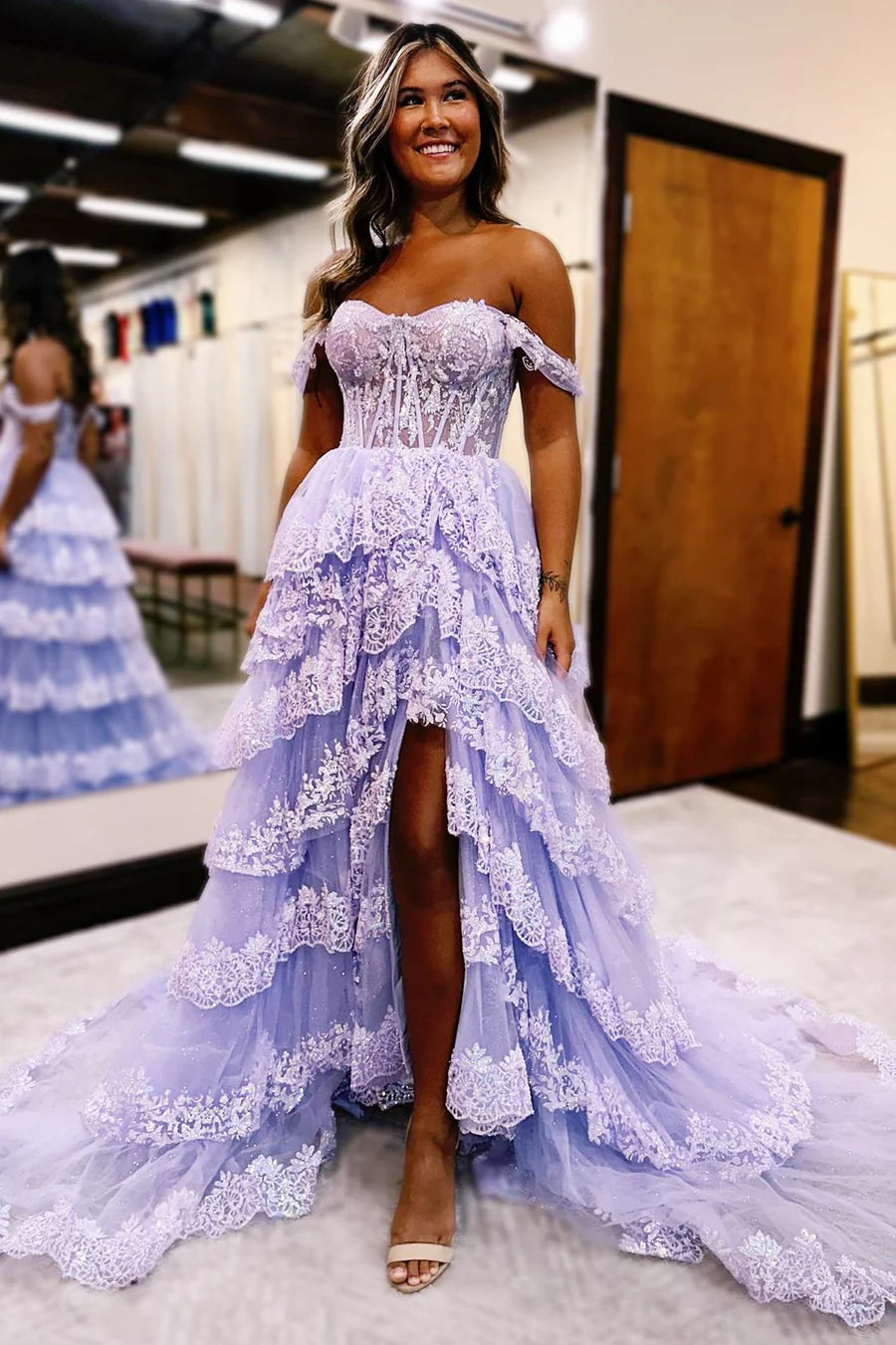 Sequin Appliques Off-the-Shoulder Ruffle Tiered Long Gown