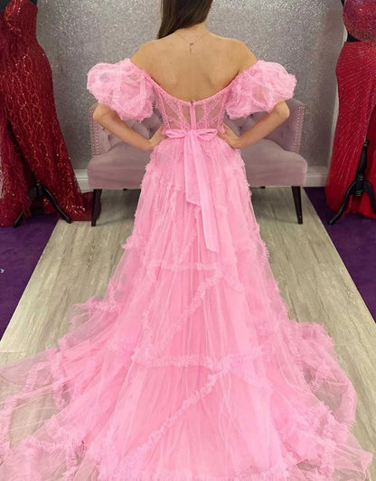 A Line Off The Shoulder Tulle Long Prom Dress