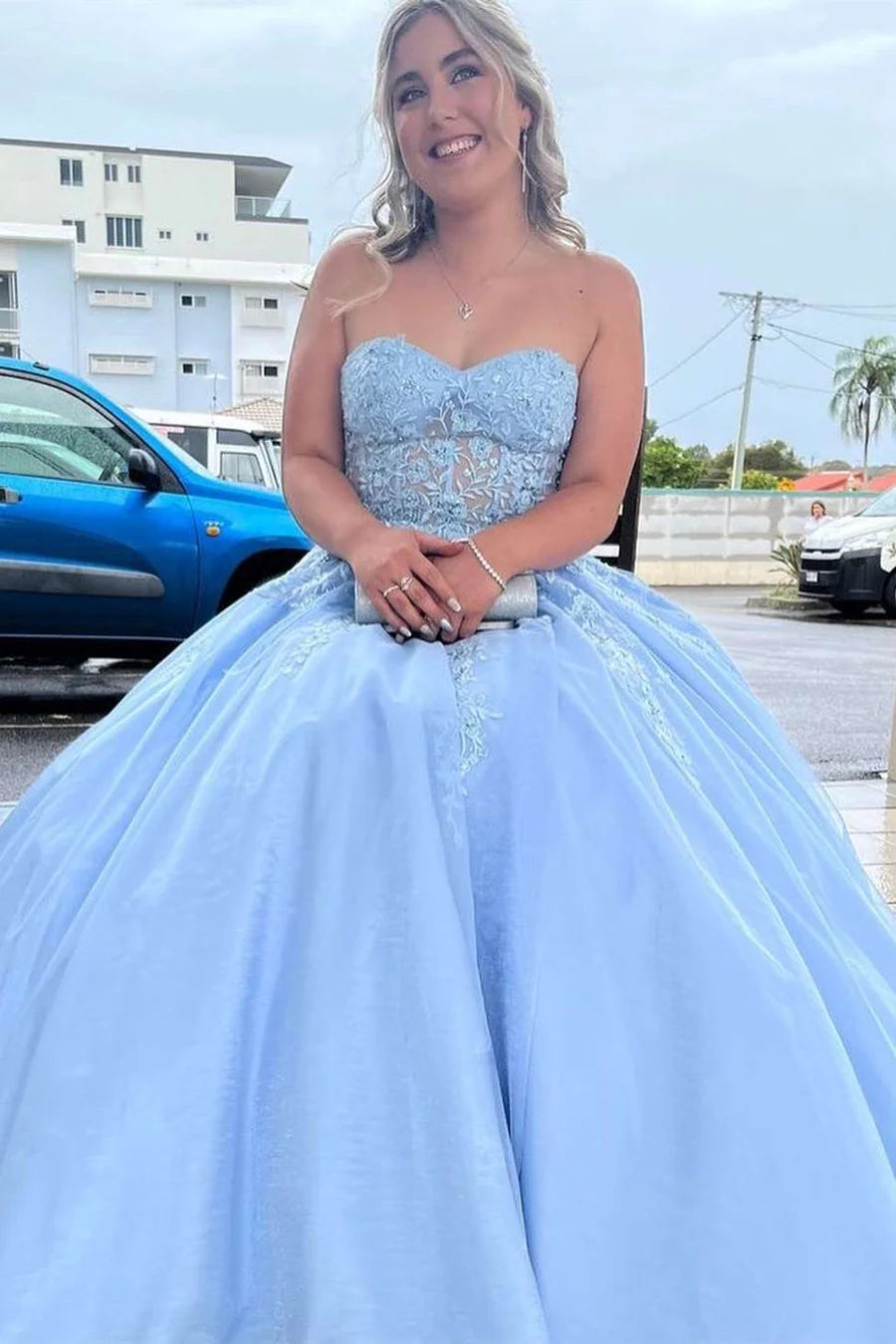 Floral Lace Strapless A-Line Prom Dress