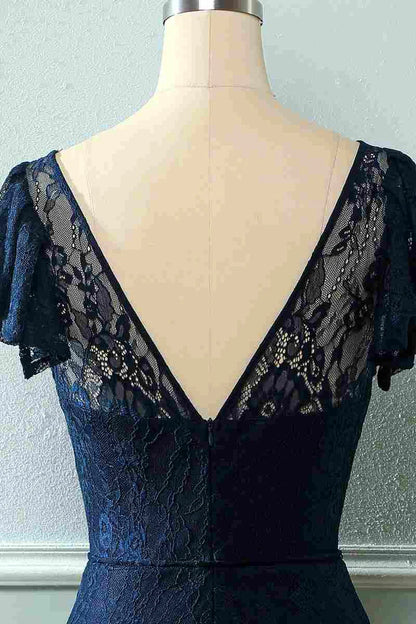 Royal Blue Round neck Lace Backless Cap Retract your waist Sleeve Bridesmaid Dress ﻿