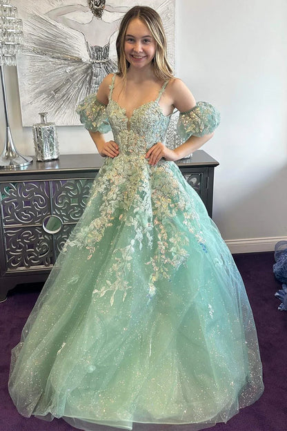A-Line Appliques Plunge V Long Prom Dress with Detachable Sleeves
