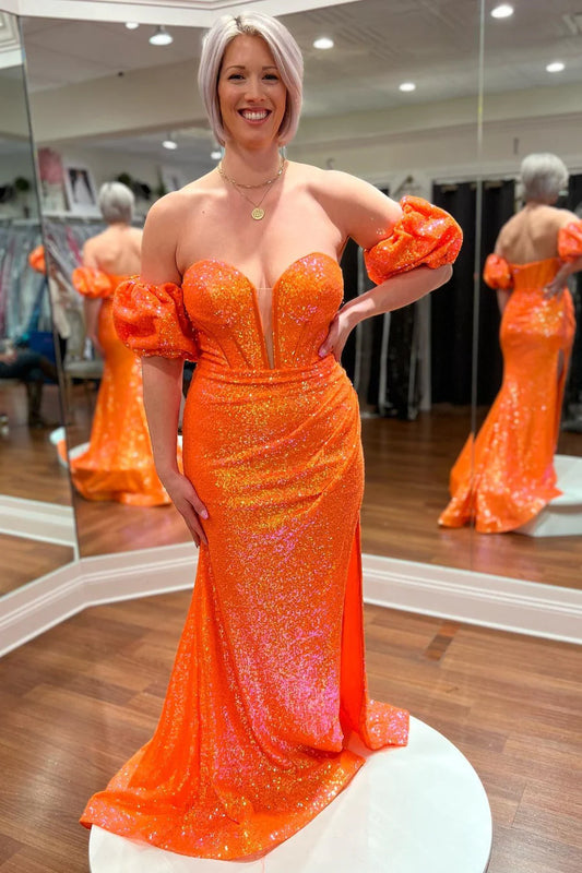 Sequin Strapless Mermaid Long Prom Dress with Balloon Sleeves