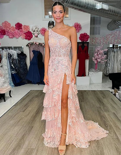 One Shoulder A-Line Tiered Long Prom Dress With Slit