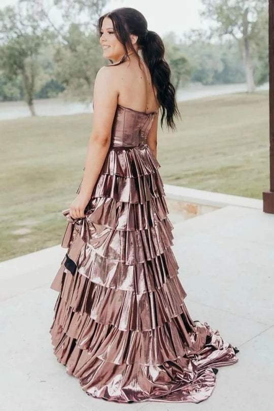 Metallic  Sweetheart Ruffle Tiered Prom Dress