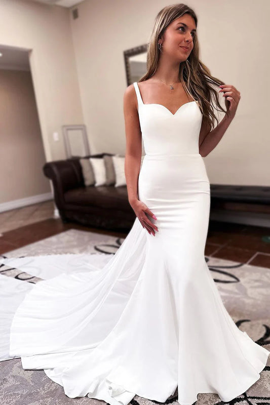 Elegant Mermaid V-Neck Satin Backless Long Wedding Dresses with Bow