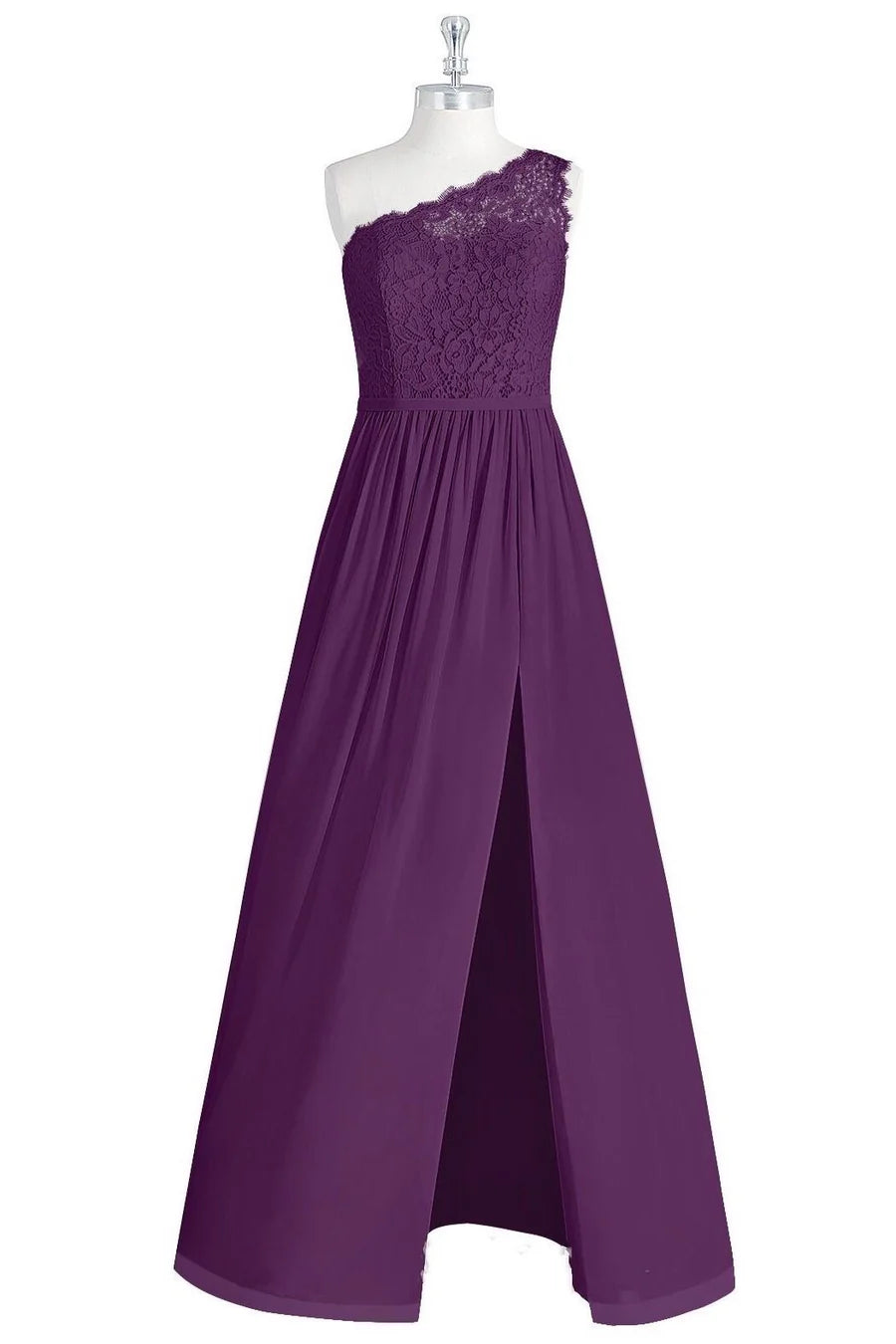 Purple Lace One-Shoulder Sleeveless A-Line Long  Chiffon Bridesmaid Dress with Slit