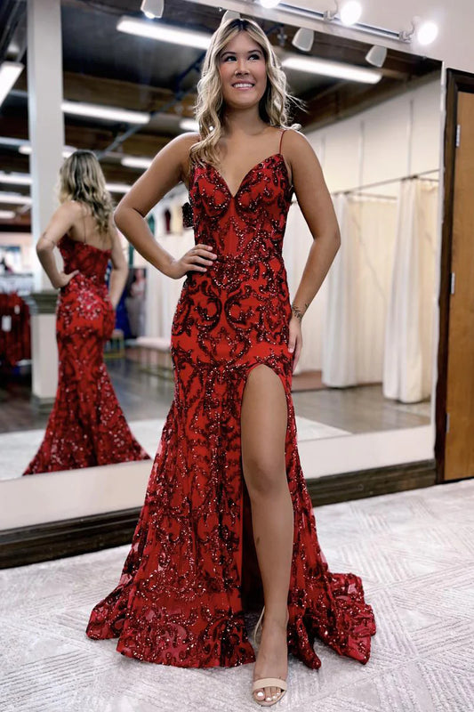 Charming Mermaid V Neck Spaghetti Strap Red Sequins Long Prom Dresses with Slit