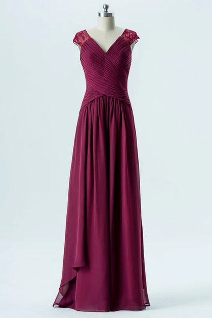 Magenta Chiffon V-Neck Cap Lace Sleeves Long Bridesmaid Dress