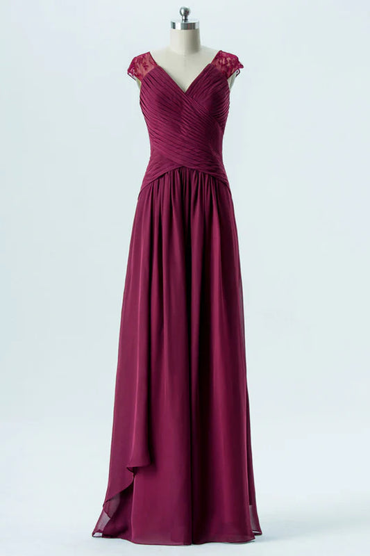 Magenta Chiffon V-Neck Cap Lace Sleeves Long Bridesmaid Dress