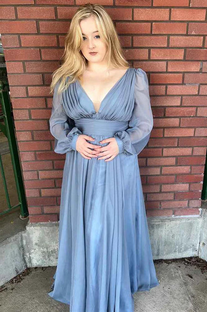 Dusty Blue V-Neck Plunge Full of charm Long Sleeve Bridesmaid Dress