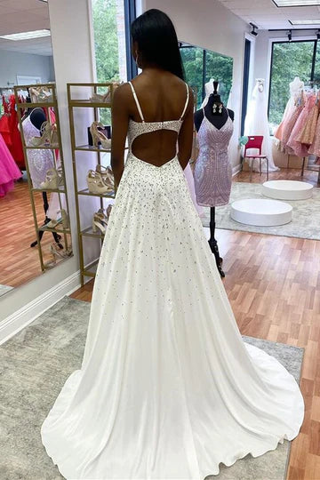 Beaded Queen Anne Cutout Back A-Line Prom Gown