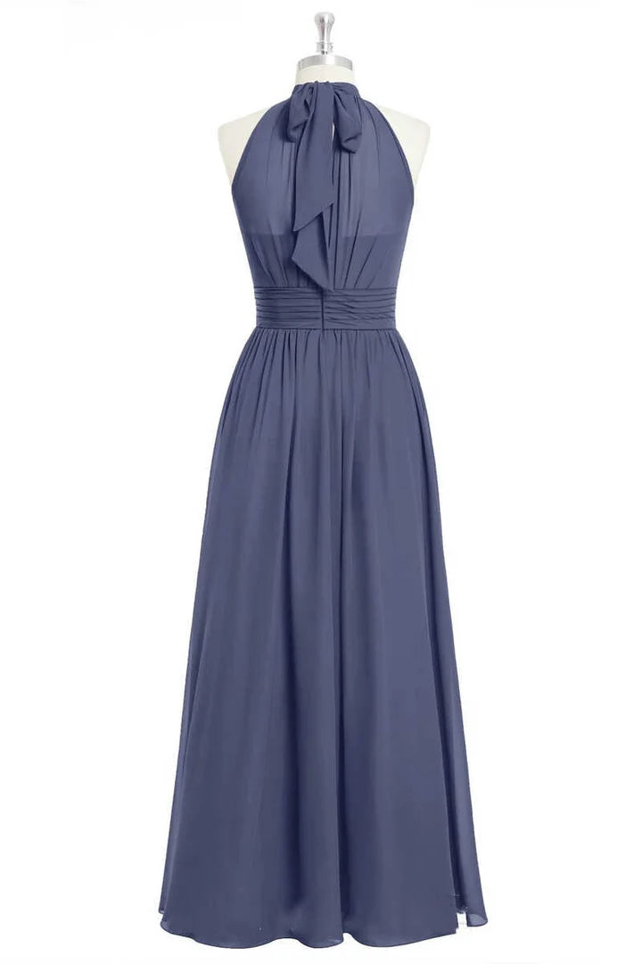 Lavender Chiffon Halter Round neck A-Line Long Bridesmaid Dress