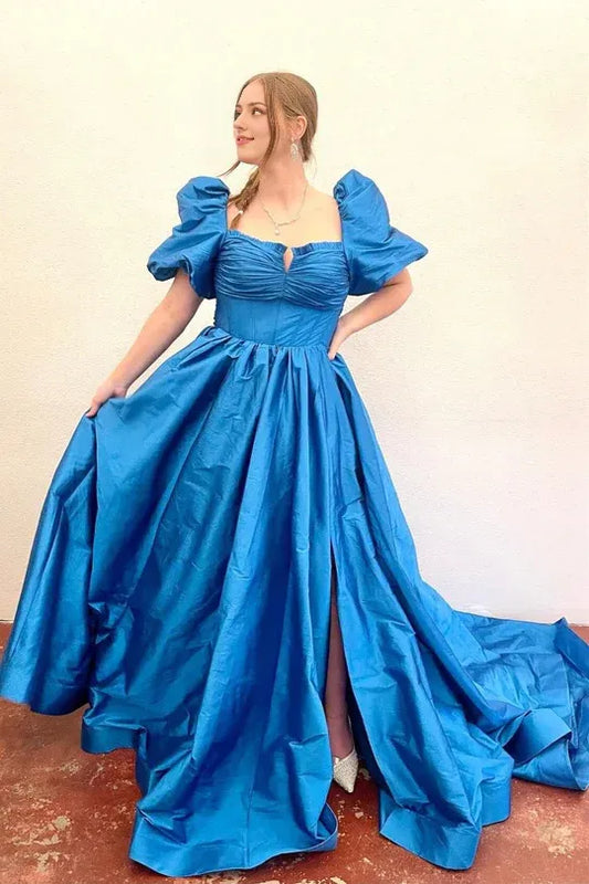 Trendy A Line Square Neck Sweetheart Blue Corset Split Fork Prom Dress with Bowknot