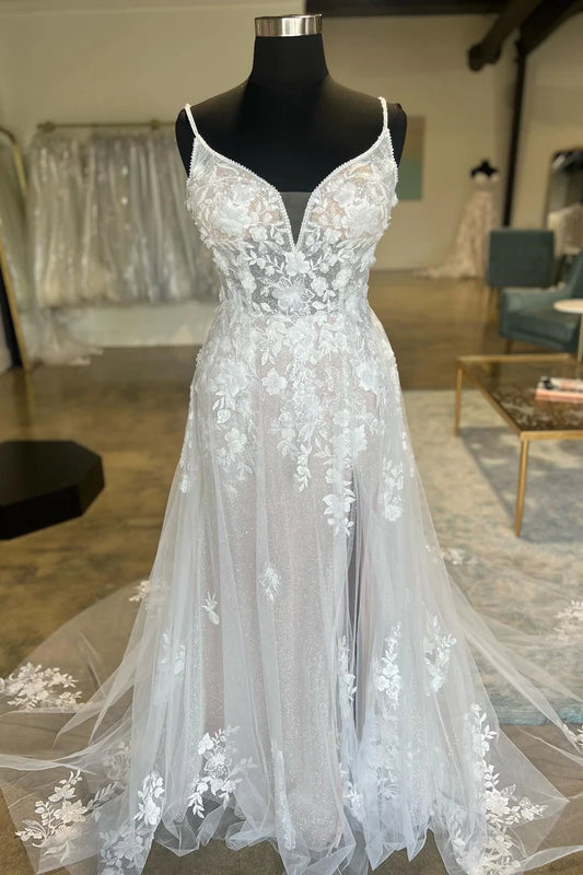 Ivory V-Neck Floral Lace Tulle Spaghetti Strap Split Fork Mopping The Floor Long Bridal Gown
