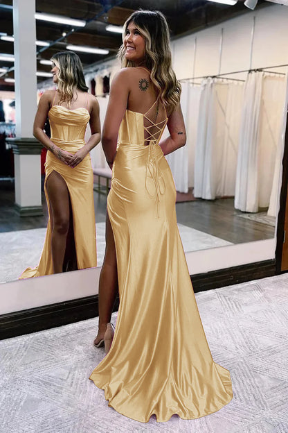 Gold Square Neck Spaghetti Straps Lace-Up Back Mermaid Prom Dress With Slit