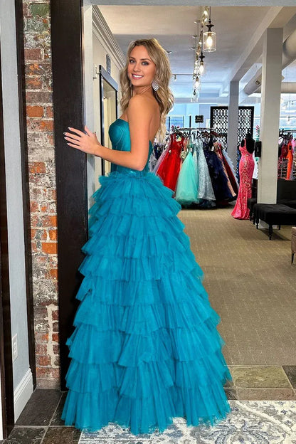 Princess Sweetheart Blue Off-the-Shoulder Tiered Split Fork Tulle Long Prom Dresses