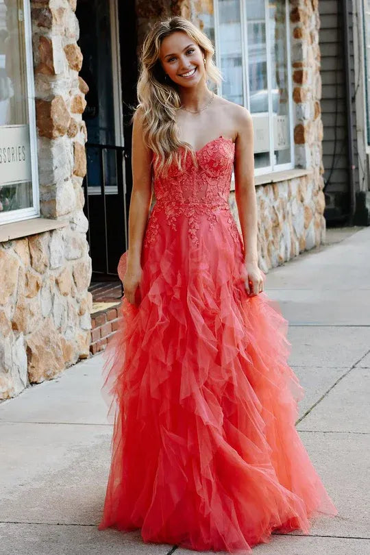 Cute A-Line Strapless Off-the-Shoulder Coral Ruffle Tulle Long Prom Dress with Appliques