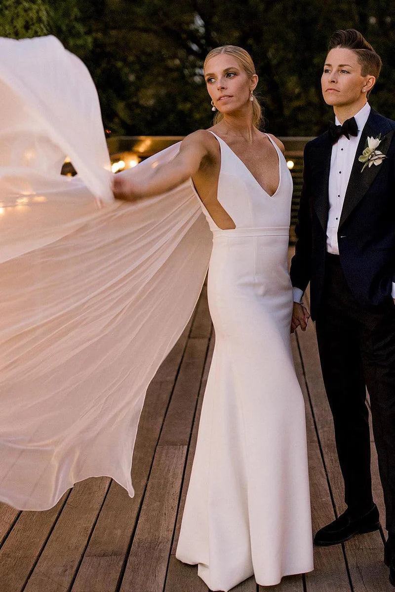 Charming Mermaid V Neck Satin Long Wedding Dresses with Chiffon