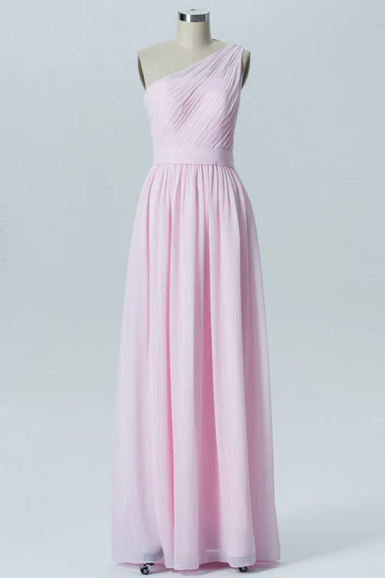 Pink Chiffon One-Shoulder Banded Waist Pleats Bridesmaid Dress