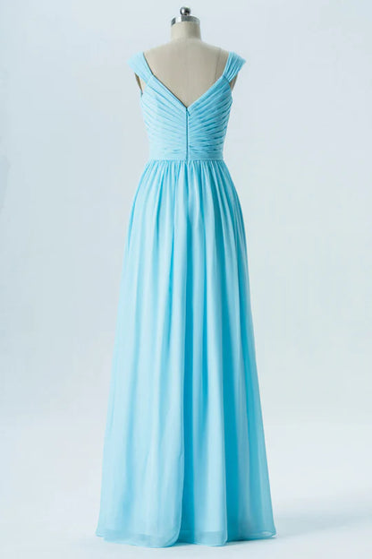 Light Blue V-Neck Chiffon Sleeveless Wrap Bridesmaid Dress