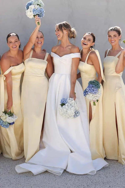 Light Yellow Straps A-Line Satin Sleeveless Bridesmaid Dress with Slit