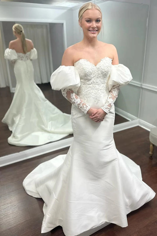 White Appliques Back Buckle Strapless Off-the-Shoulder Trumpet Wedding Dress with Juliet Sleeves