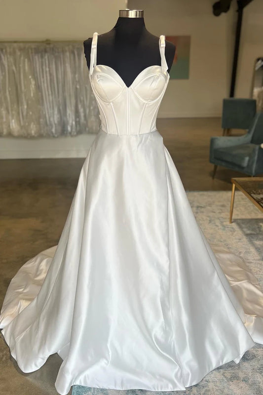 White Satin Sweetheart V-Neck Bow-Strap Back Buckle Backless A-Line Long Wedding Dress ﻿