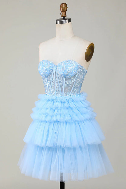 Blue Corset Off-the-Shoulder Cute Applique Tiered Homecoming Dress with Ruffles