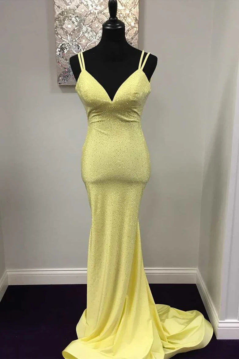 Beaded V-Neck Backless Mermaid Long Prom Gown